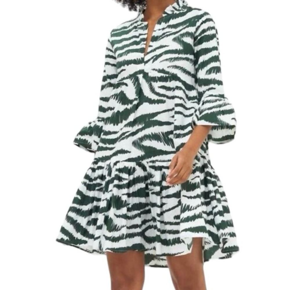 Oliphant Bell Sleeve Tiered Mini Dress Singita Green Large